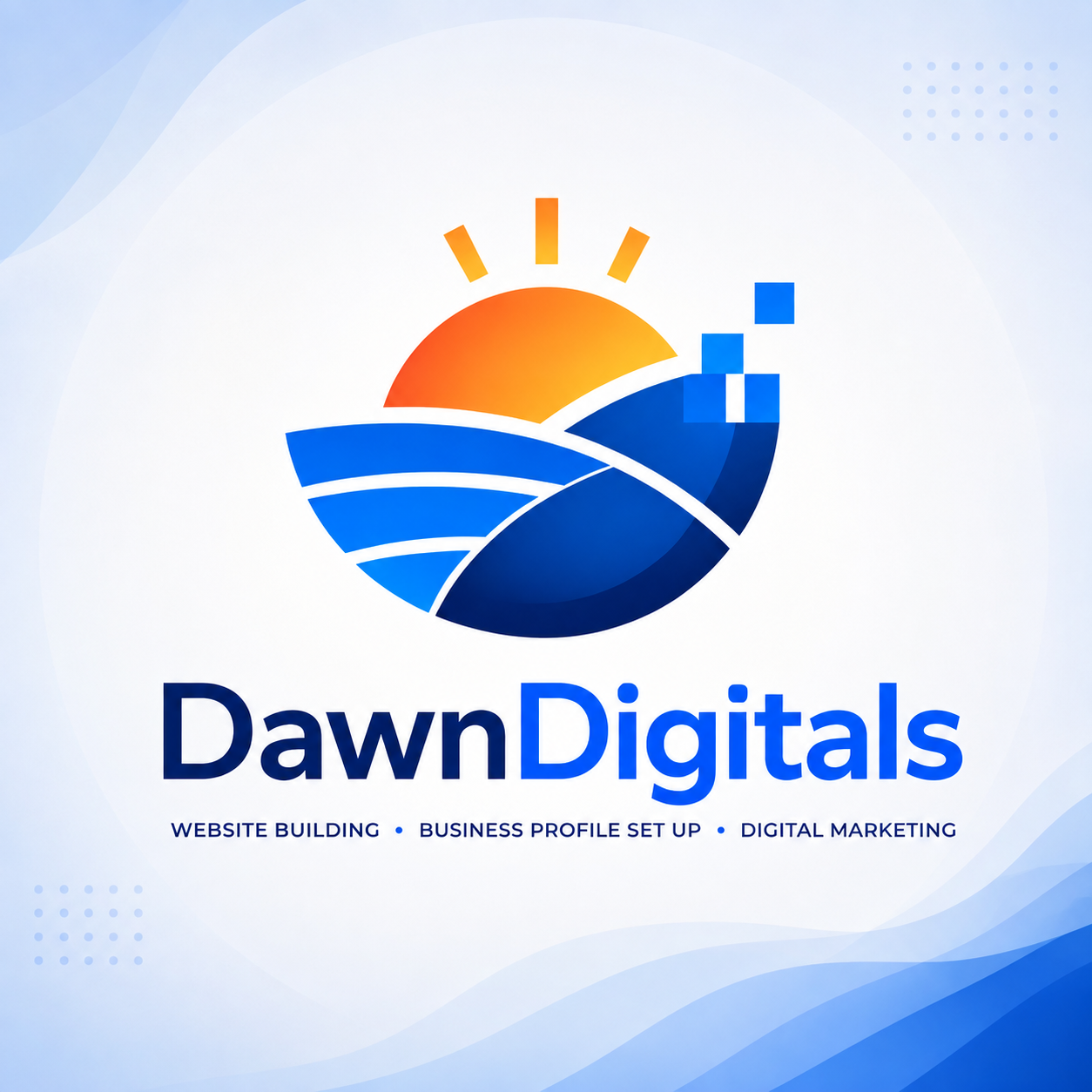 DawnDigitals logo with orange sunrise, blue digital landscape, and Website Building, Business Profile Setup, Digital Marketing service line